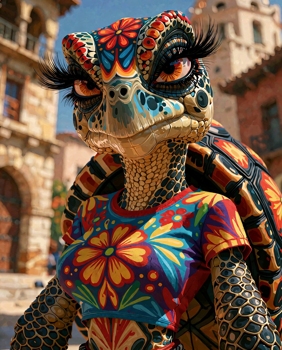 surrealist art breathtaking A exaggerated caricature stunning close-up of a busty female anthropomorphic turtle humanoid w...
