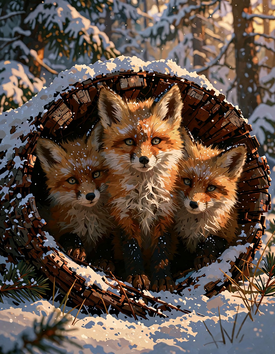 a highly detailed,  realistic digital painting of three fox kits nestled in a hollow log in a snowy forest. The image is r...