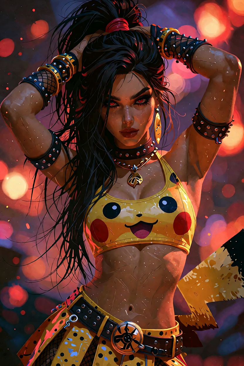 A medium shot of a female dancer from the waist up with very long black hair and a messy side ponytail and red eyes,  wear...