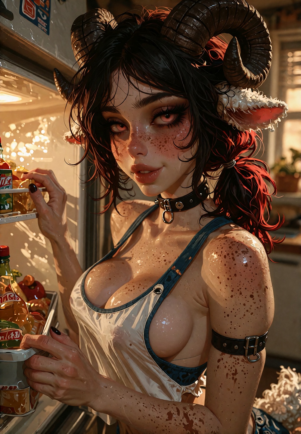 A medium close-up shot depicts a young anthro sheep woman (freckled skin sheep ears,  thick curly sheep horns) who got cau...