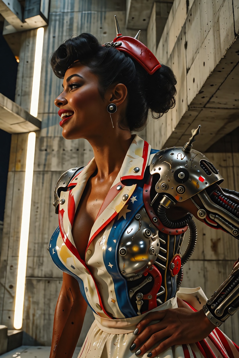 a glamorous retro pinup singer styled like a jukebox-era star,  with deep brown skin and elegant tonal depth,  posing with...