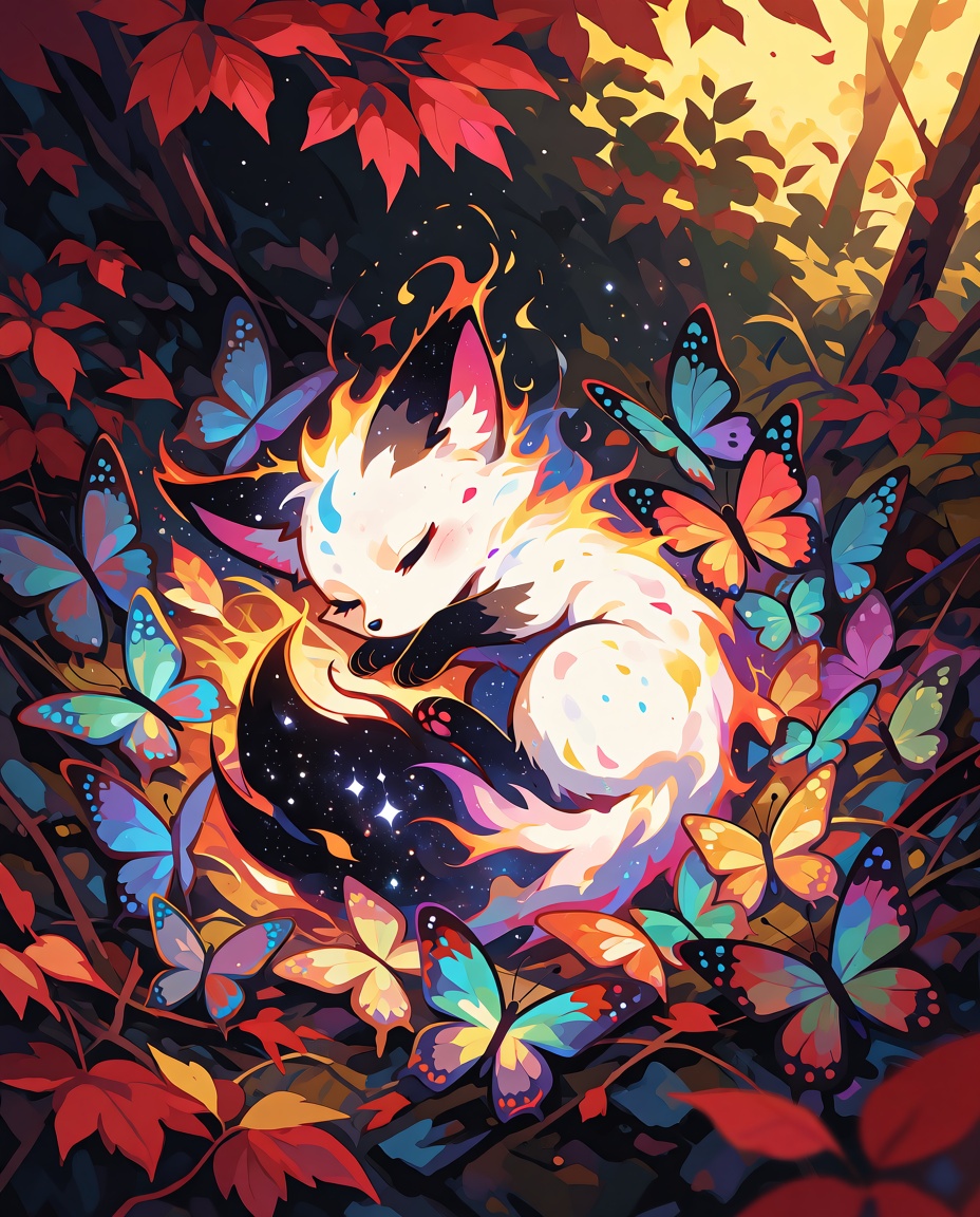 zidiusArt,  anime-style tiny fox,  made of cosmic sparkling white and black fire on Tensor.Art