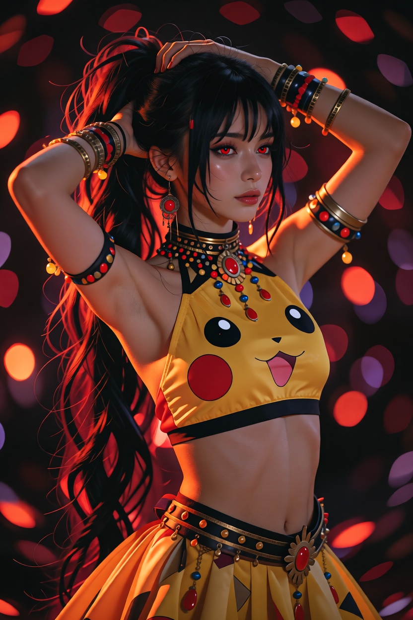 A medium shot of a female dancer from the waist up with very long black hair and a messy side ponytail and red eyes,  wear...