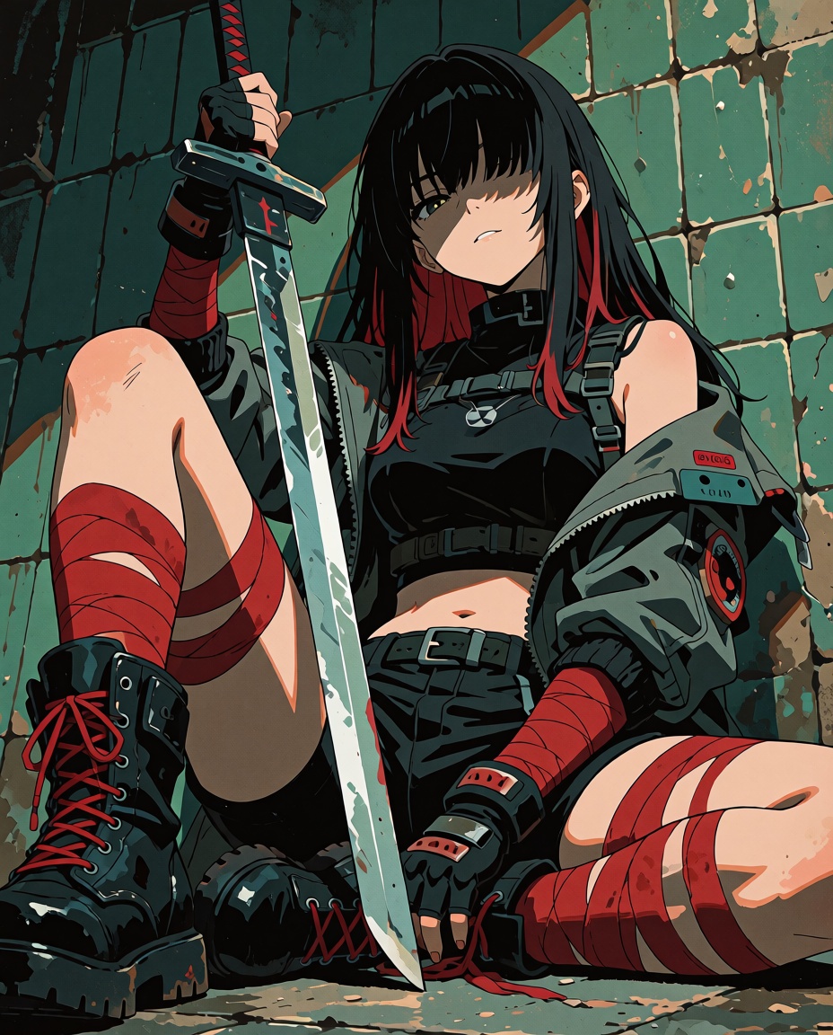 @NIJISIS,  A girl with long black hair partially covering her face,  dark red highlights in her hair on Tensor.Art