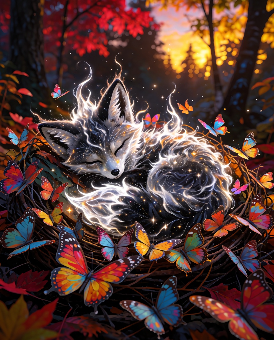 zidiusArt,  extremely extraordinarily realistic modern animation-style tiny fox,  made of cosmic sparkling white and black...