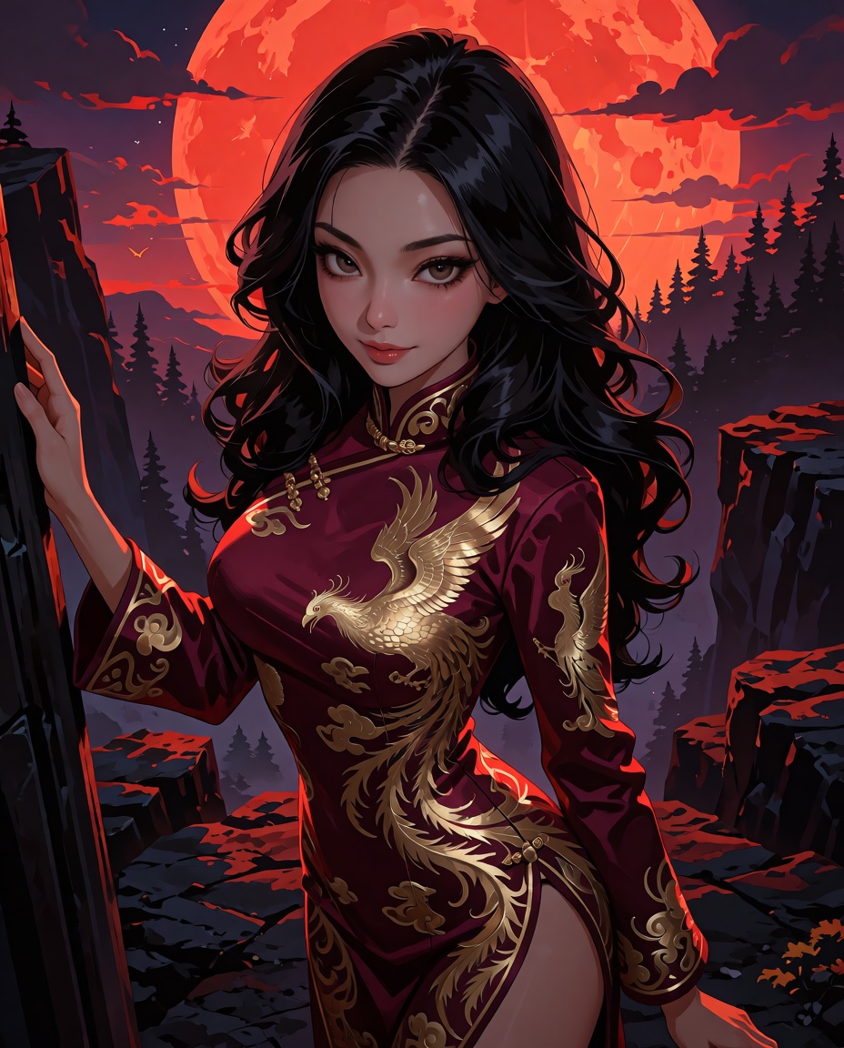 Digital illustration in the style of modern character design,  featuring an East Asian woman in her early 20s with porcela...
