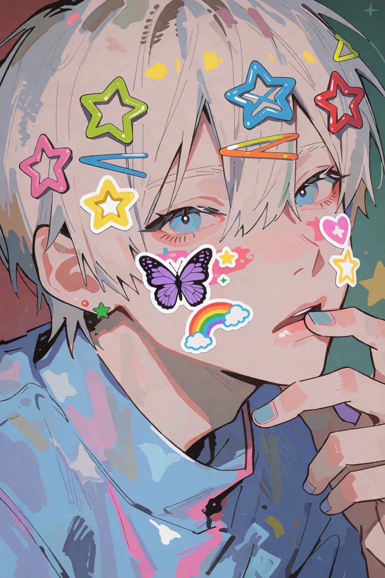 Style: bishounen digital illustration The image depicts a person with short,  light-colored hair adorned with colorful sta...
