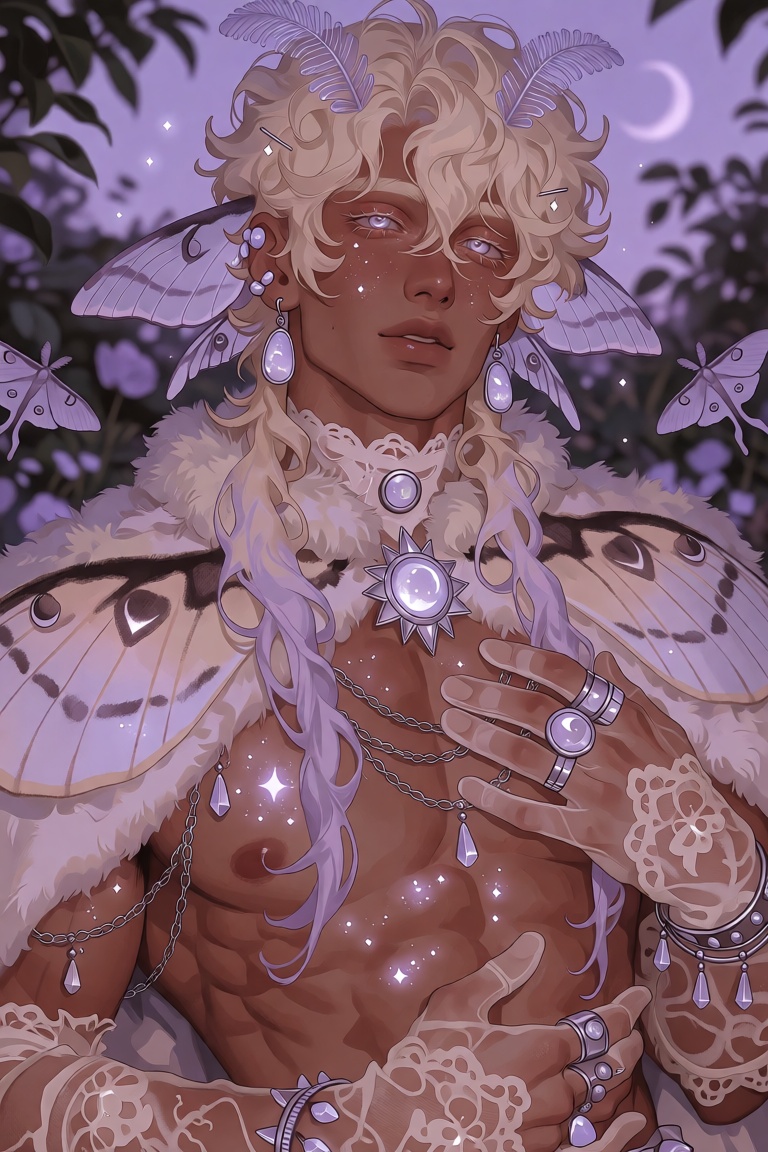 A male figure standing in a moonlit garden,  his chest up,  with fluffy cream hair and lavender gradient hair cascading do...