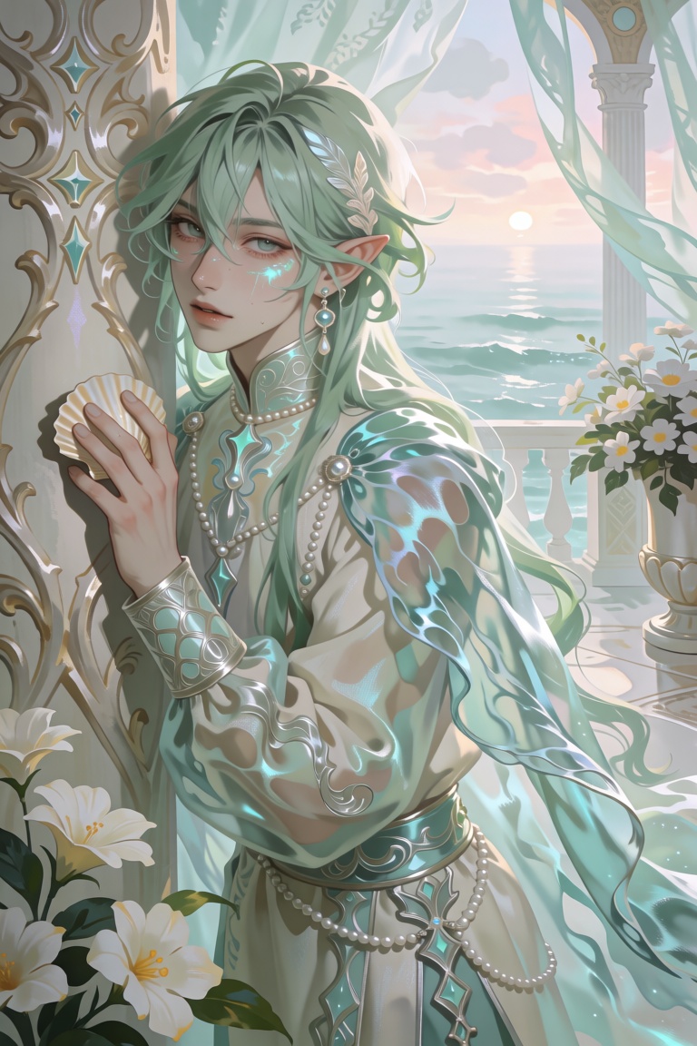 Style: bishounen digital illustration Character: mesmerizing pale-skinned male with long mint-green hair flowing loosely a...