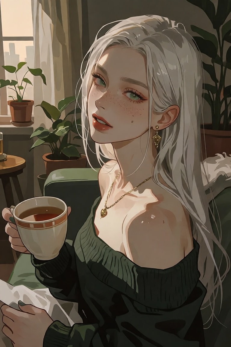 Style: bishounen digital illustration A solo woman with long white hair,  featuring soft freckles and an intense gaze,  lo...