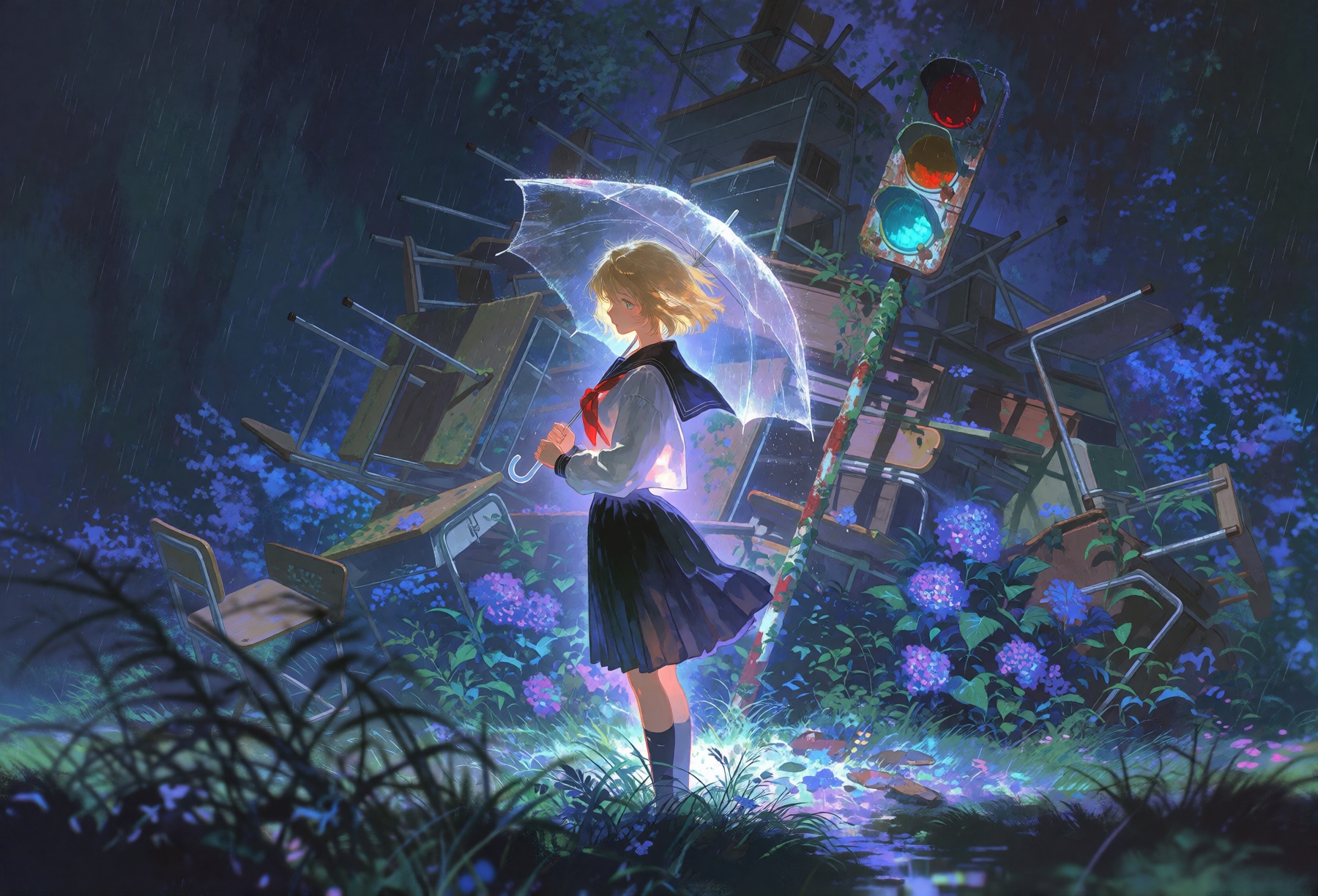 Atmospheric,  melancholic illustration drenched in a nocturnal downpour,  rendered with textured brushwork and chromatic a...