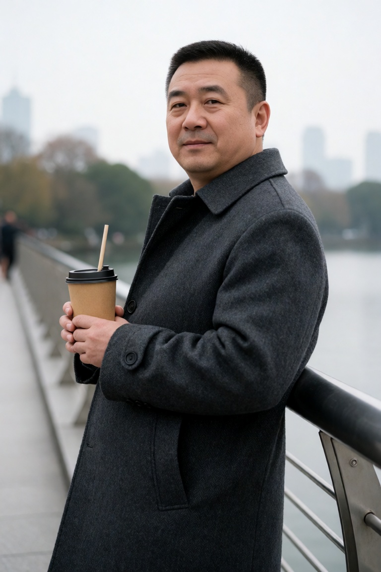 中国男子,  四十五岁,  外企高管。他侧身倚靠在金属扶手旁 by 一起旅行 on Tensor.Art