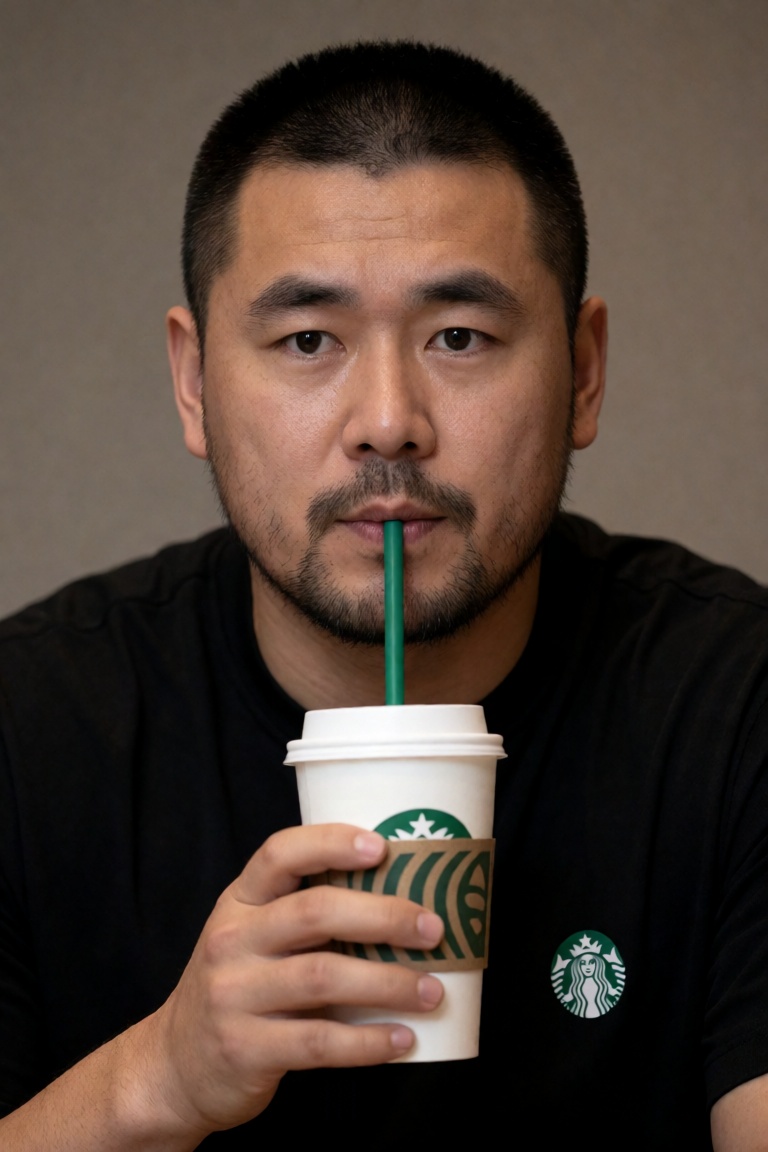 中国男子,  他留着短寸头和胡渣。照片中的他正在星巴克喝咖啡,  中等近景。asianman by 一起旅行 on Tensor.Art