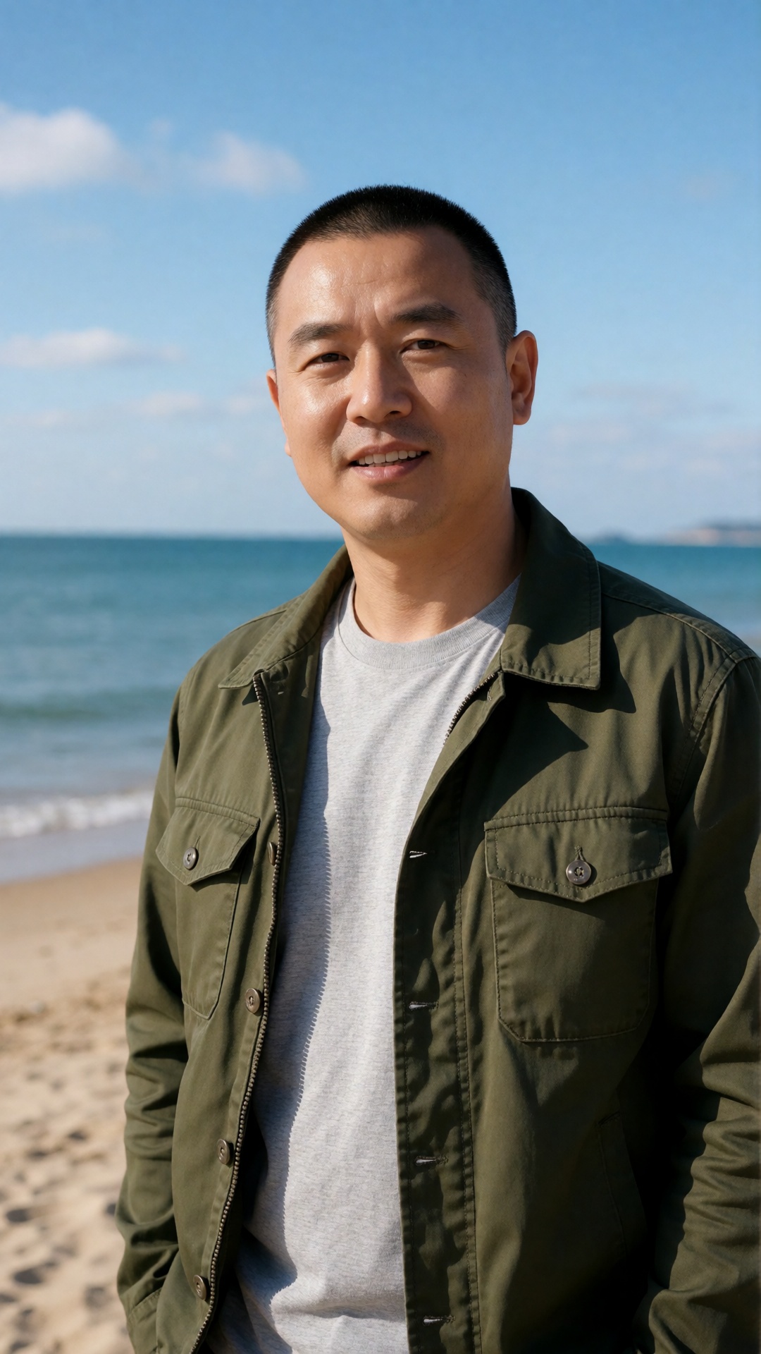 中国男子,  A man with very short hair is standing on a beach. He wears an olive green jacket over a light gray T - shirt. He h...