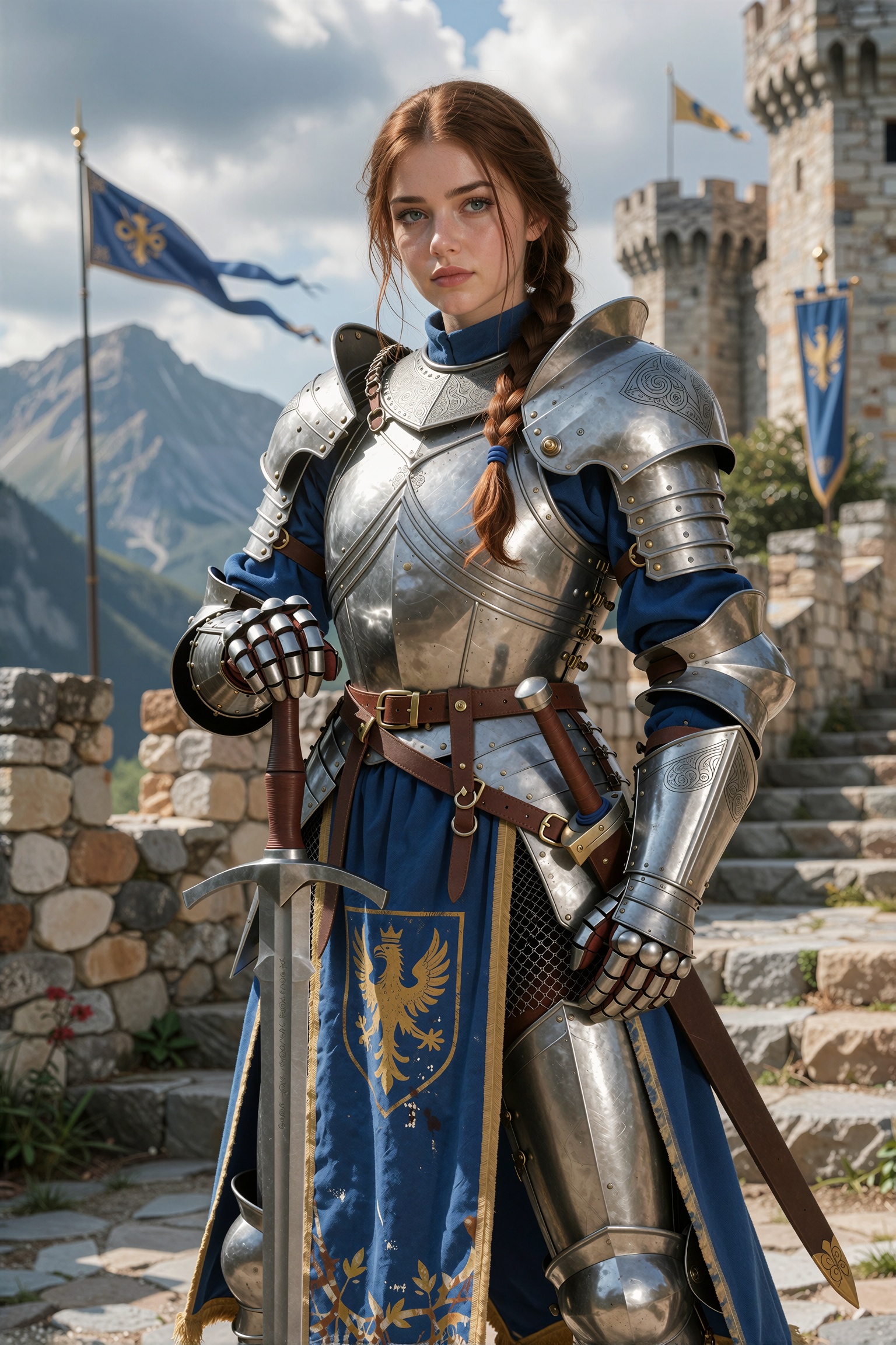 She is standing proudly with a longsword resting point-down before her,  one hand folded over the pommel and the other gat...