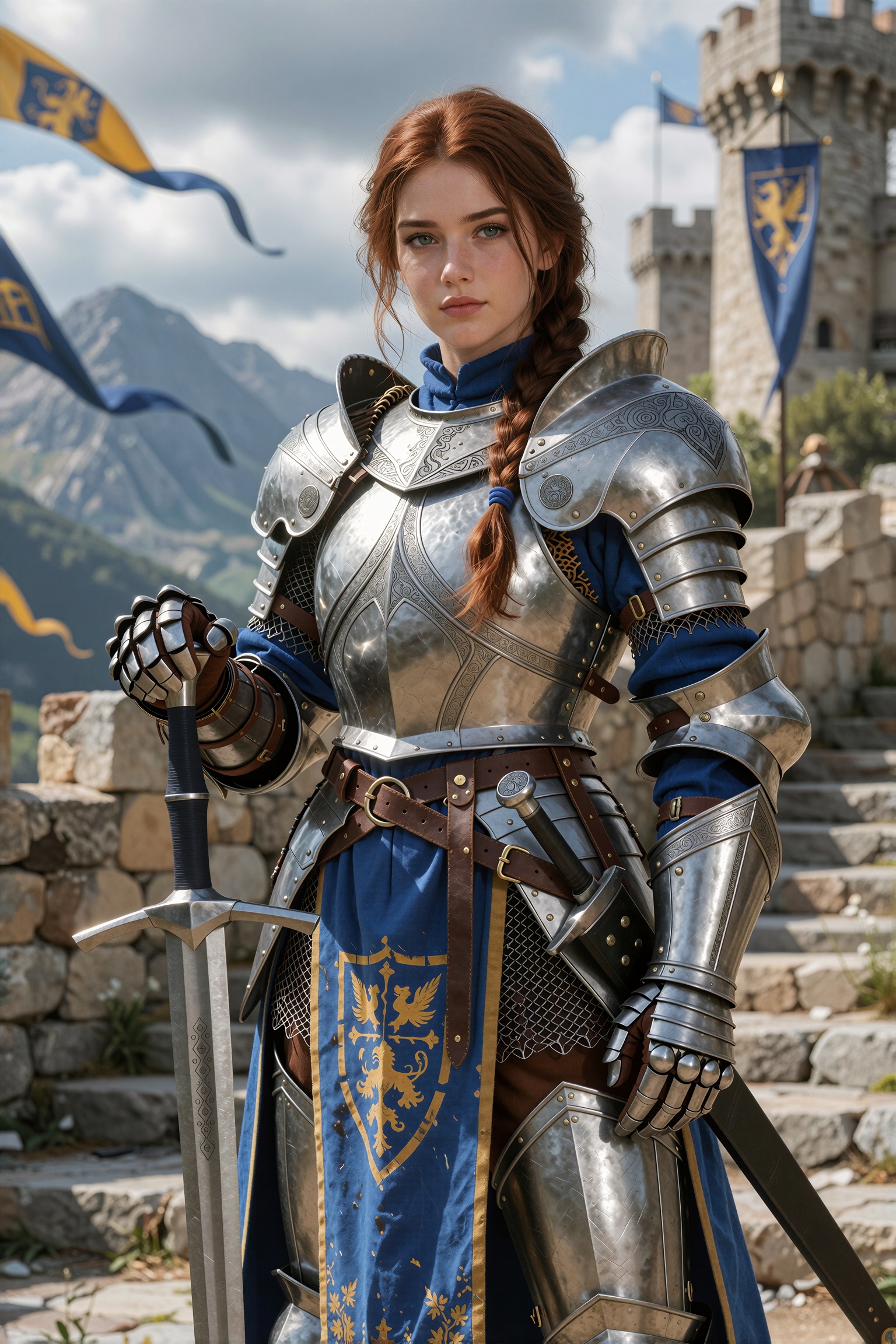 She is standing proudly with a longsword resting point-down before her,  one hand folded over the pommel and the other gat...