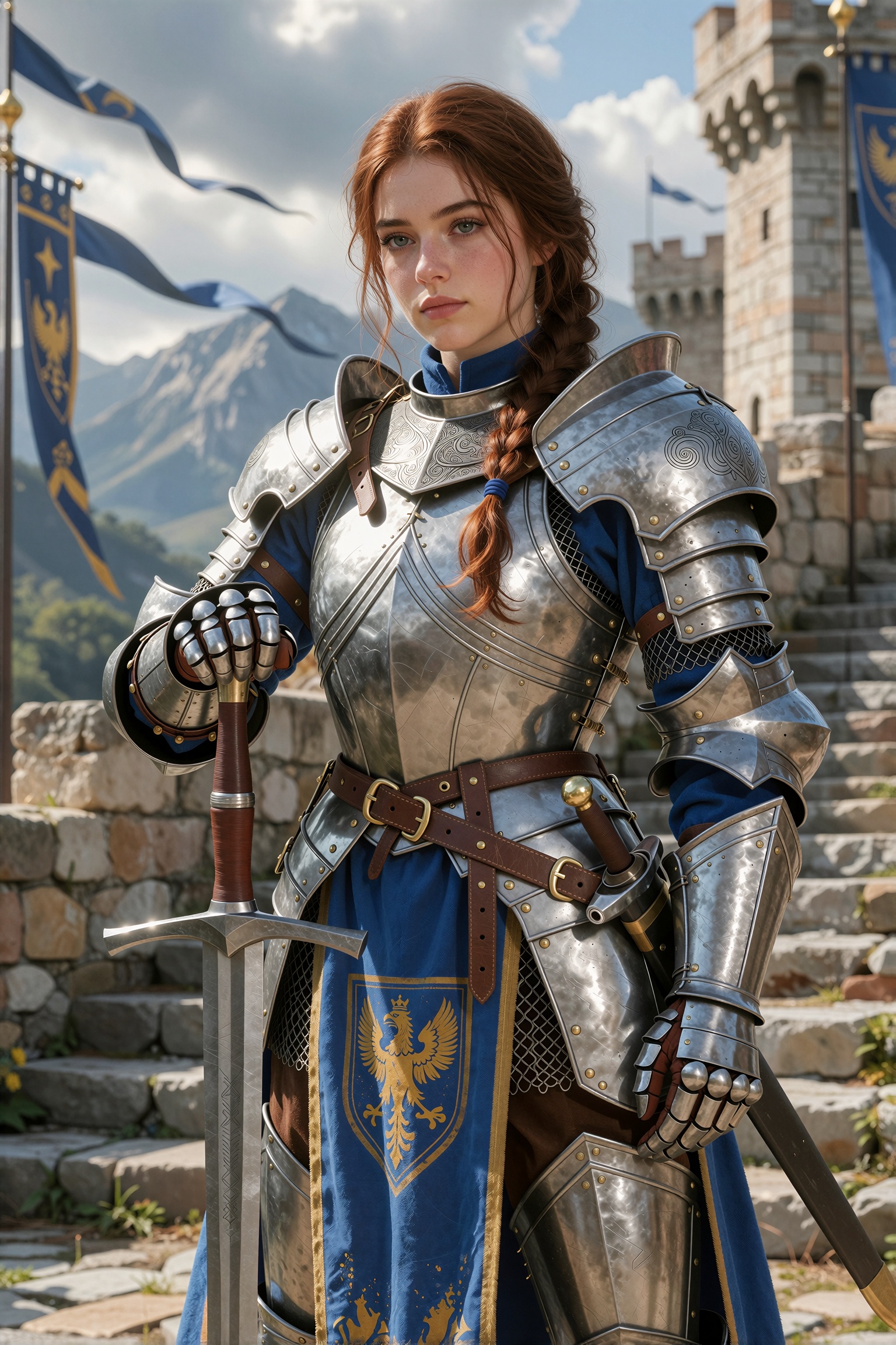 She is standing proudly with a longsword resting point-down before her,  one hand folded over the pommel and the other gat...