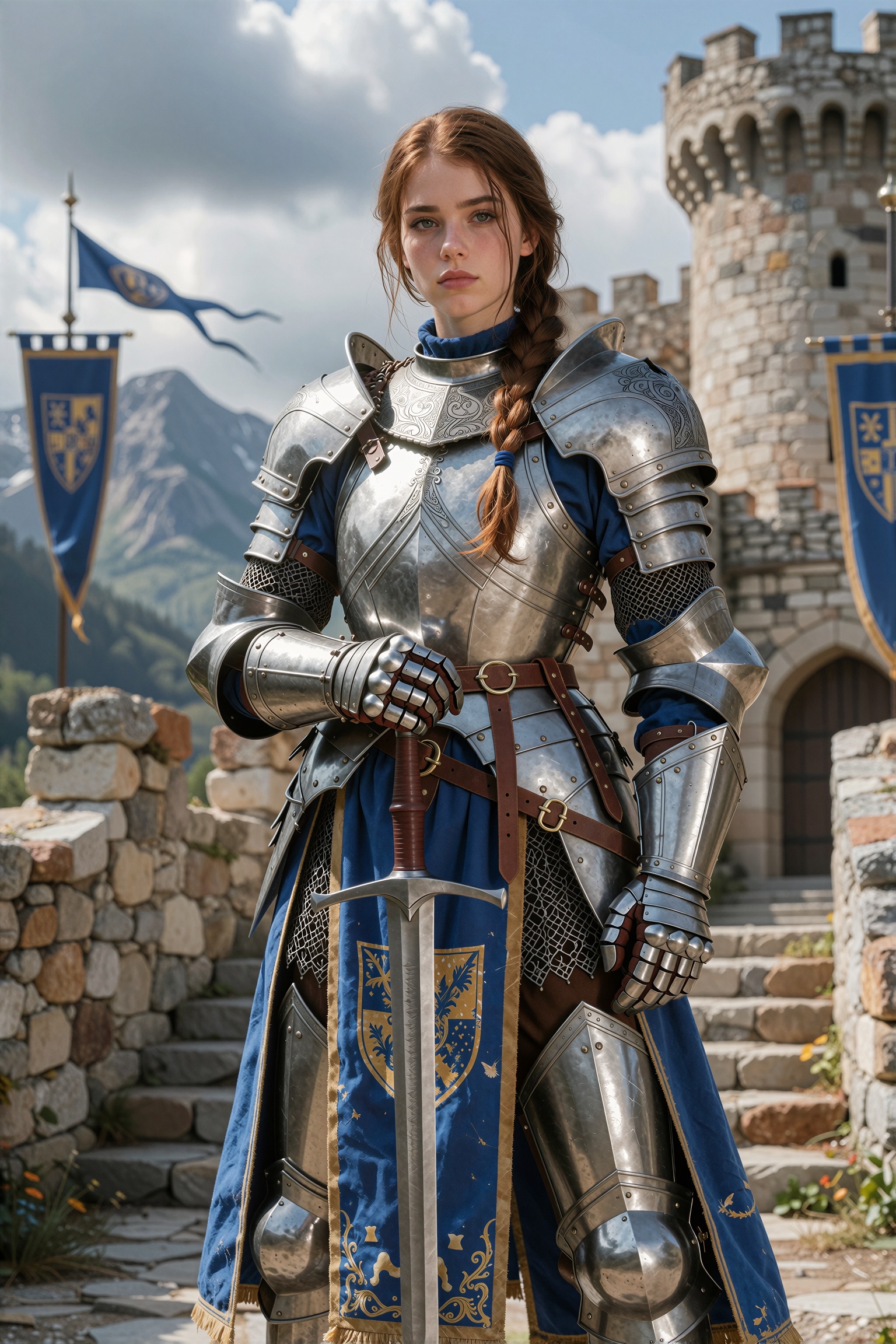 She is standing proudly with a longsword resting point-down before her,  one hand folded over the pommel and the other gat...