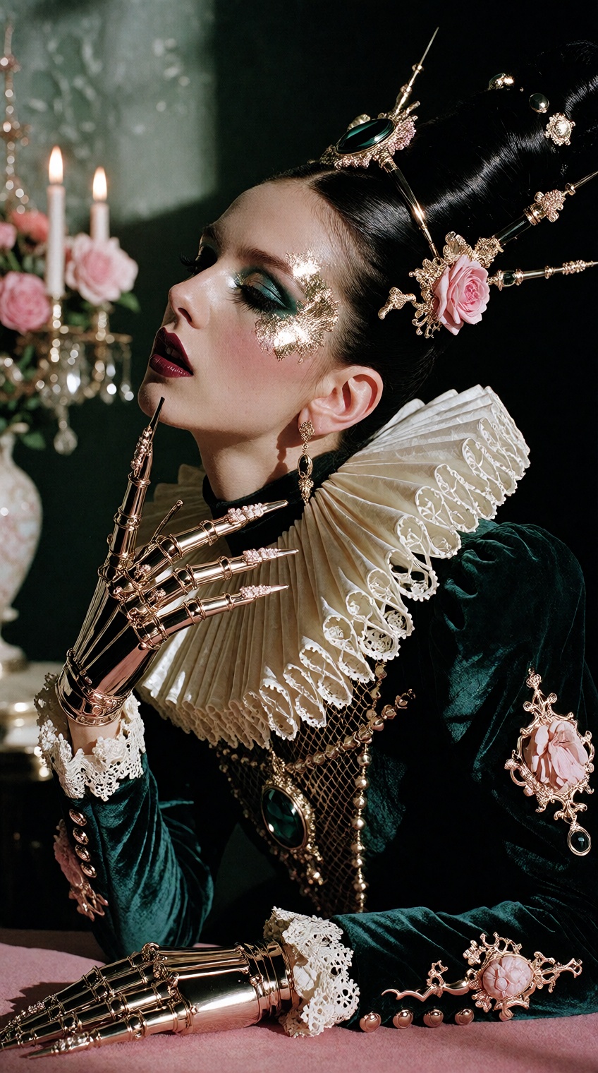A high-fashion waist-up editorial photograph fusing futuristic cyberpunk cybernetics with extravagant 17th-century dark ba...