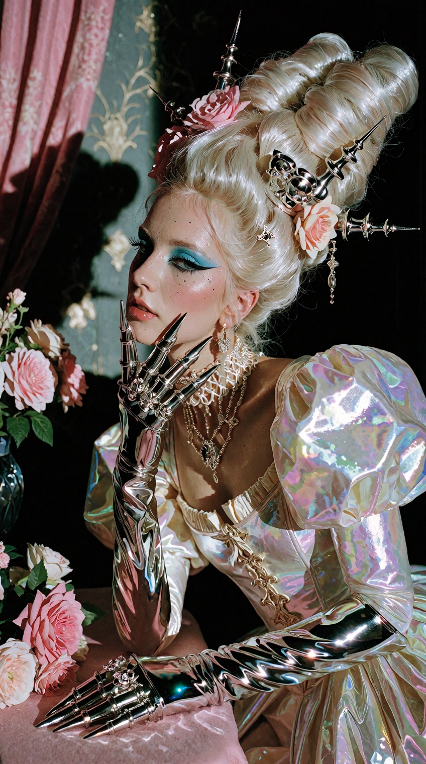 A high-fashion waist-up editorial portrait fusing hyper-futuristic glass-core aesthetics with lavish 18th-century Rococo b...