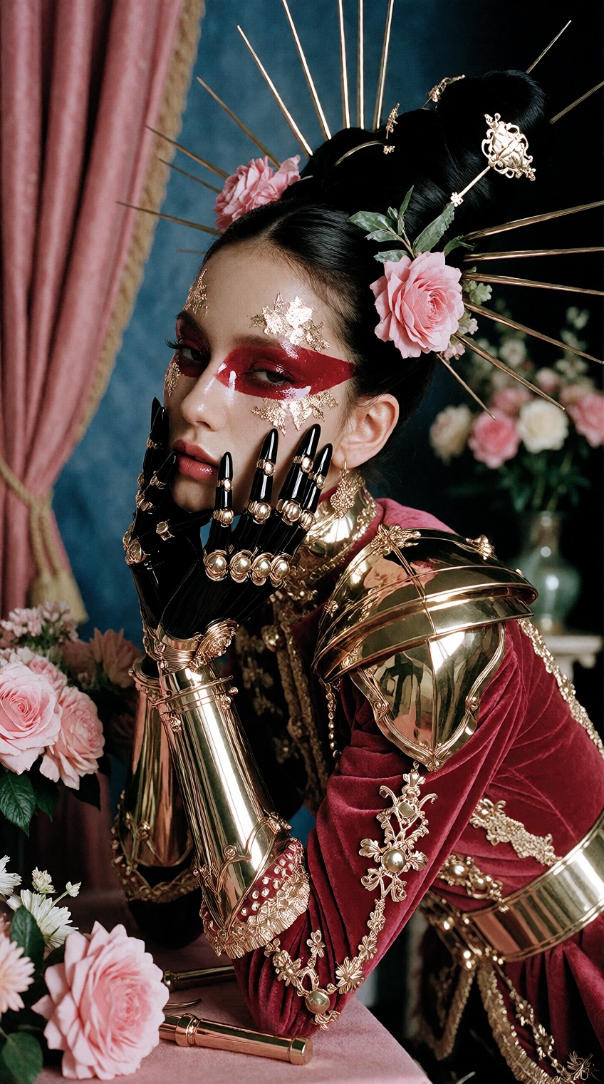 A high-fashion waist-up editorial photograph combining avant-garde futuristic cyber-punk elements with lavish East Asian-i...