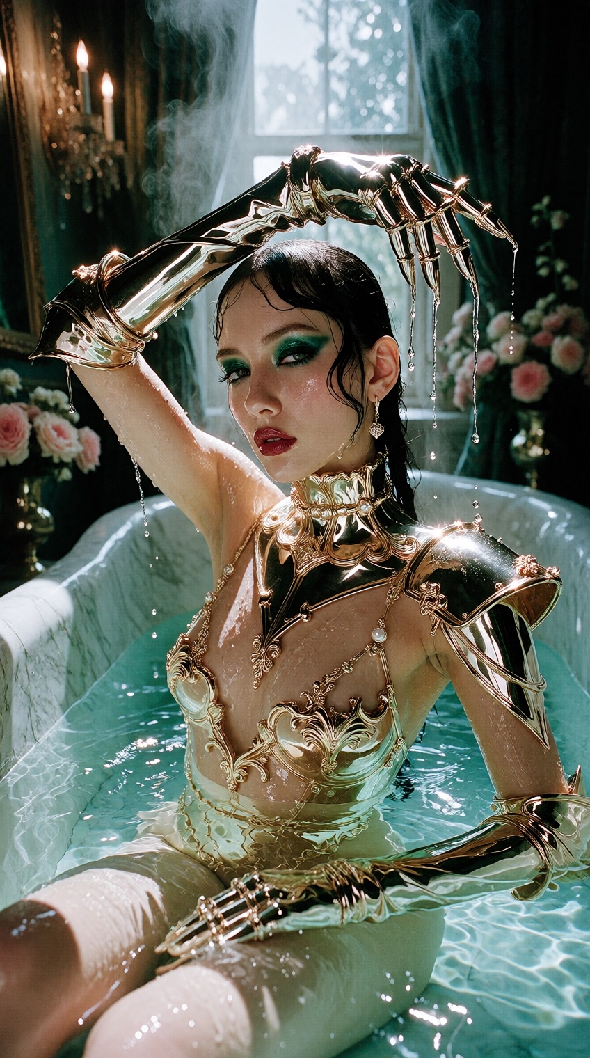 A high-fashion close-up editorial photograph fusing a futuristic cyber-bathhouse setting with opulent 18th-century baroque...