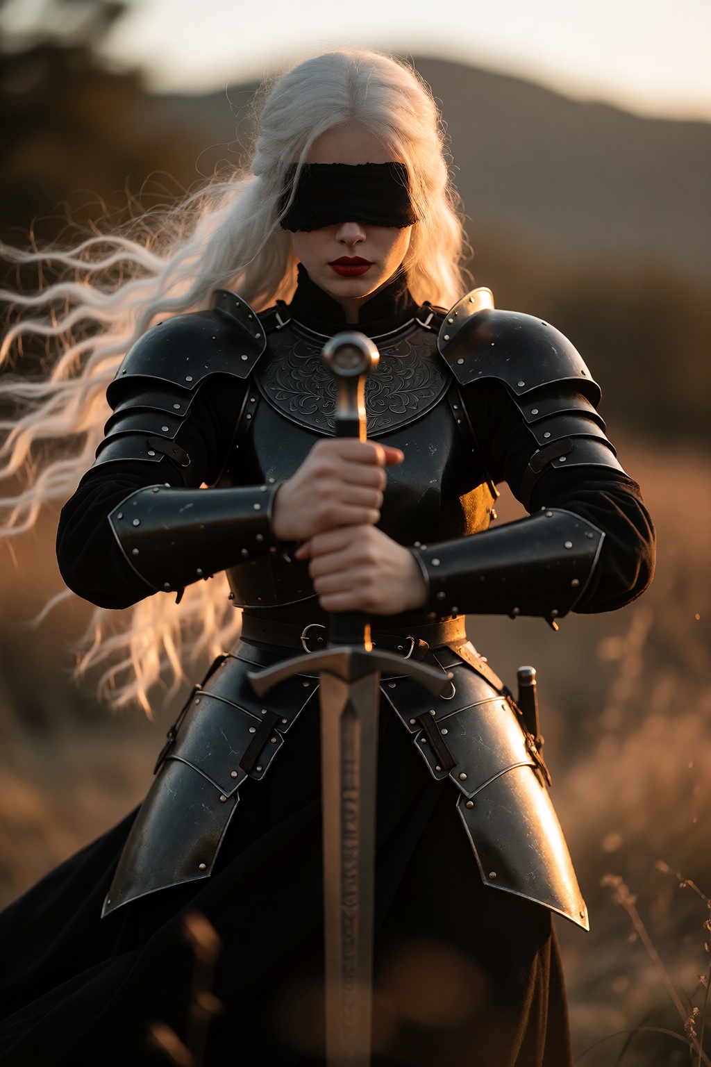 Create a photorealistic scene featuring a solo woman with long,  flowing white hair,  standing in a dynamic pose. She is h...