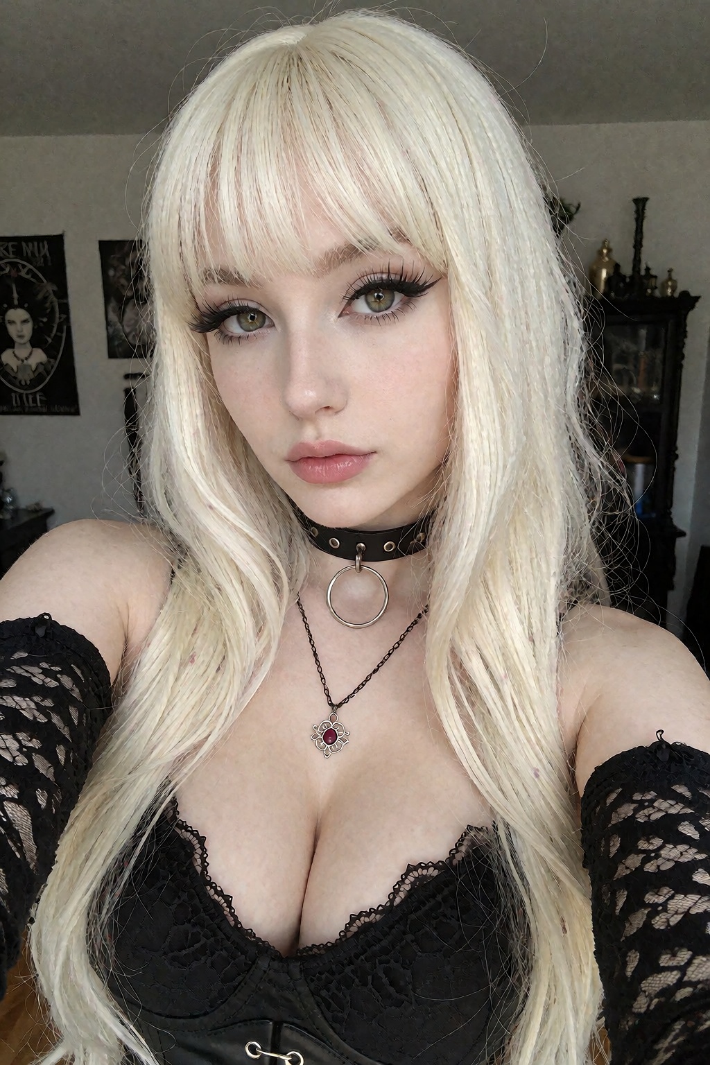 photo of a 30 years old beautiful goth female White Raven with platinum blonde hair,  bangs,  gorgeous face on Tensor.Art