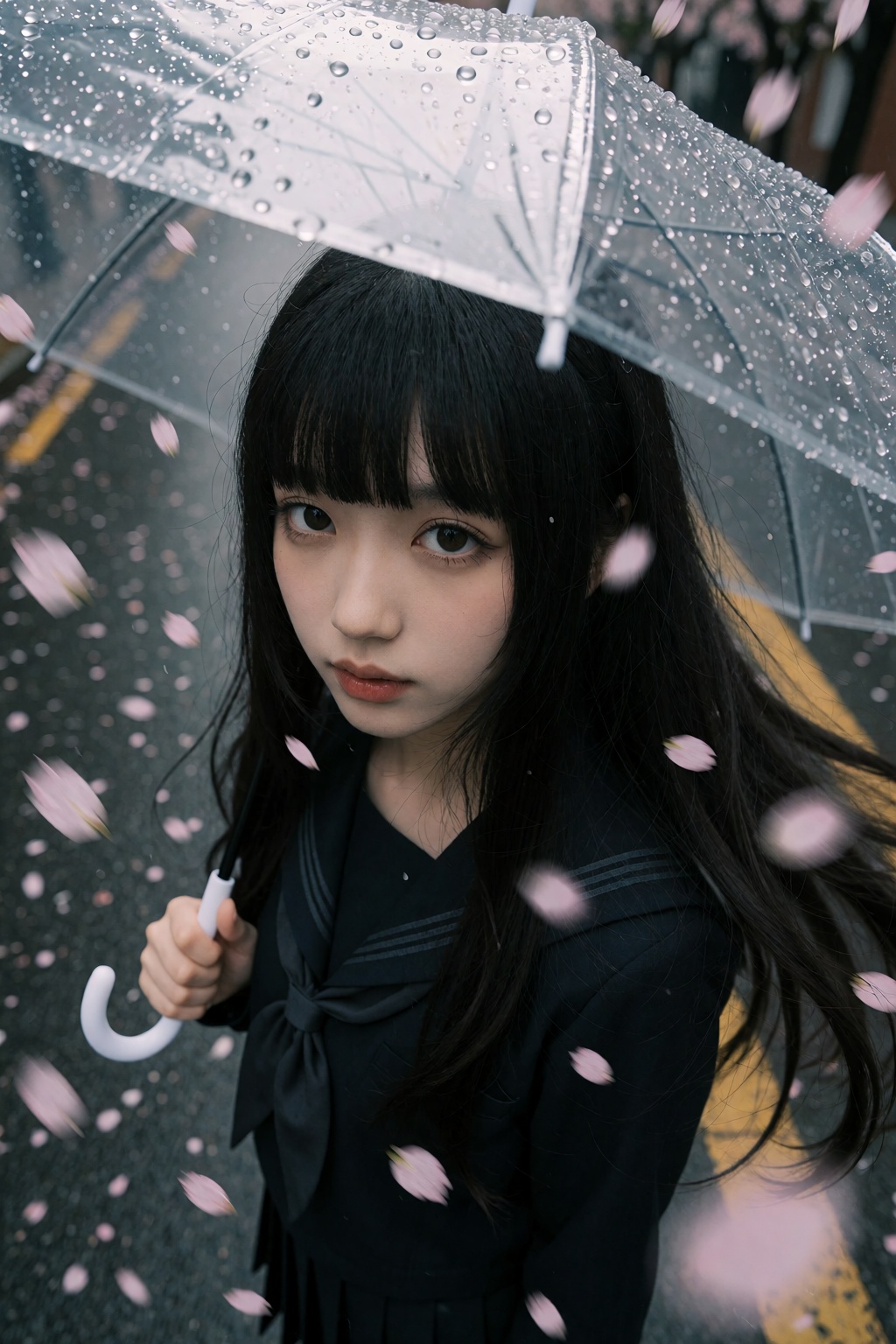 A photograph High-angle,  extreme close-up shot looking down at a young East Asian woman standing on a city street. She ha...