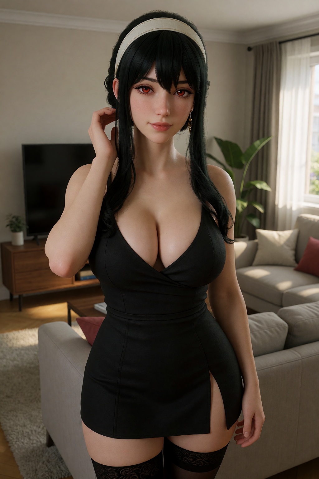 Hyper-realistic cinematic portrait of ***** yor briar,  black hair,  red eyes on Tensor.Art