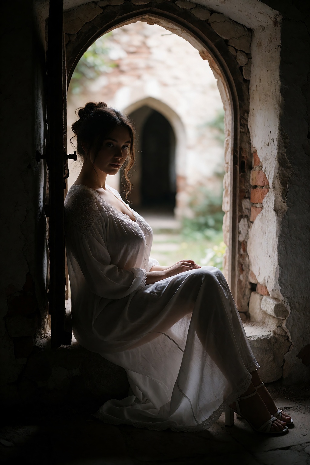 A full-length dramatic portrait of a busty hot woman with dark updo hair,  wearing a flowing long white nightgown with lac...