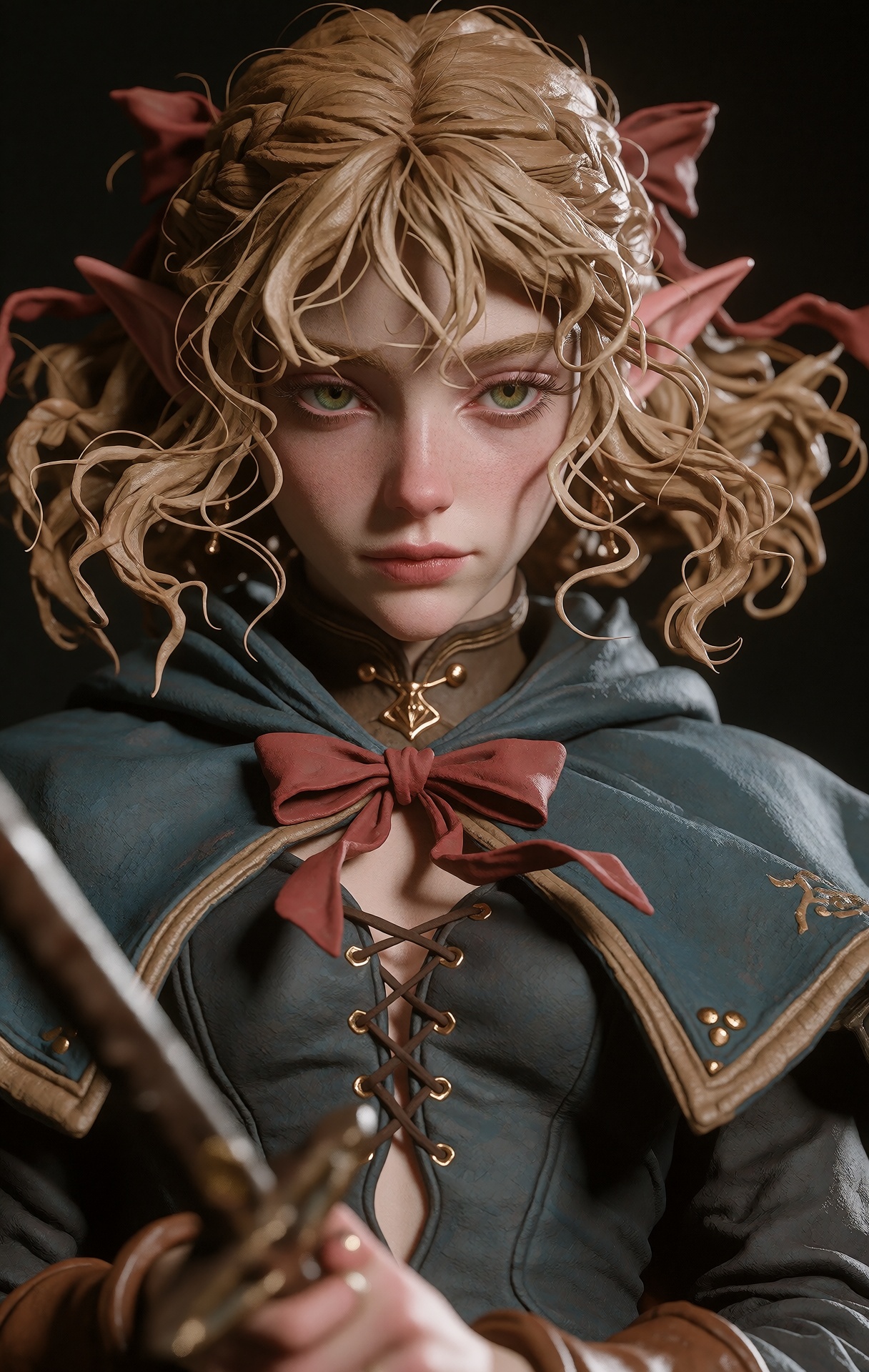 @zbrush,  The image showcases a 3D character model of an elf girl with long,  flowing blonde hair styled in braids and ado...