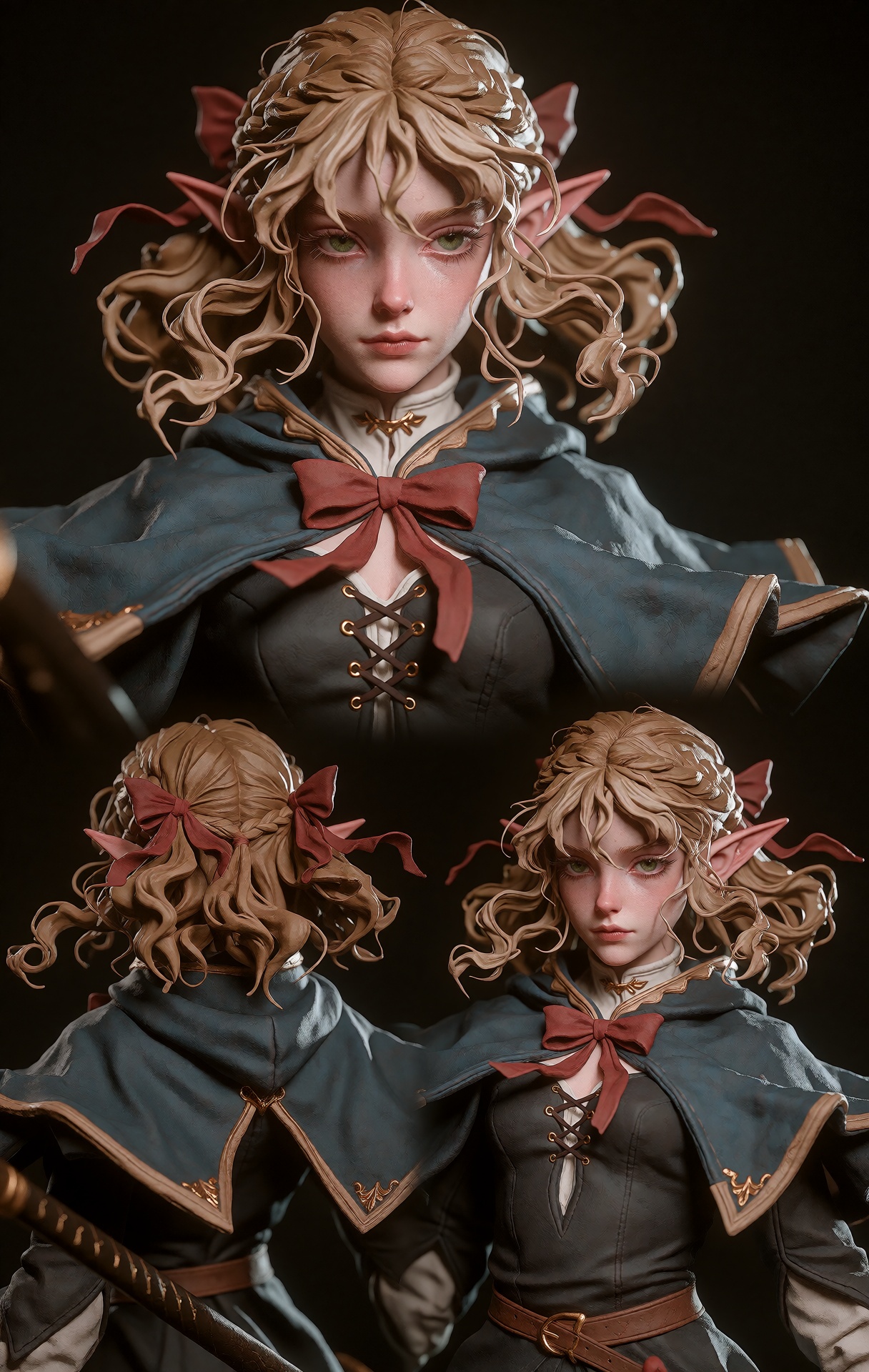 @zbrush,  The image showcases a 3D character model of an elf girl with long,  flowing blonde hair styled in braids and ado...