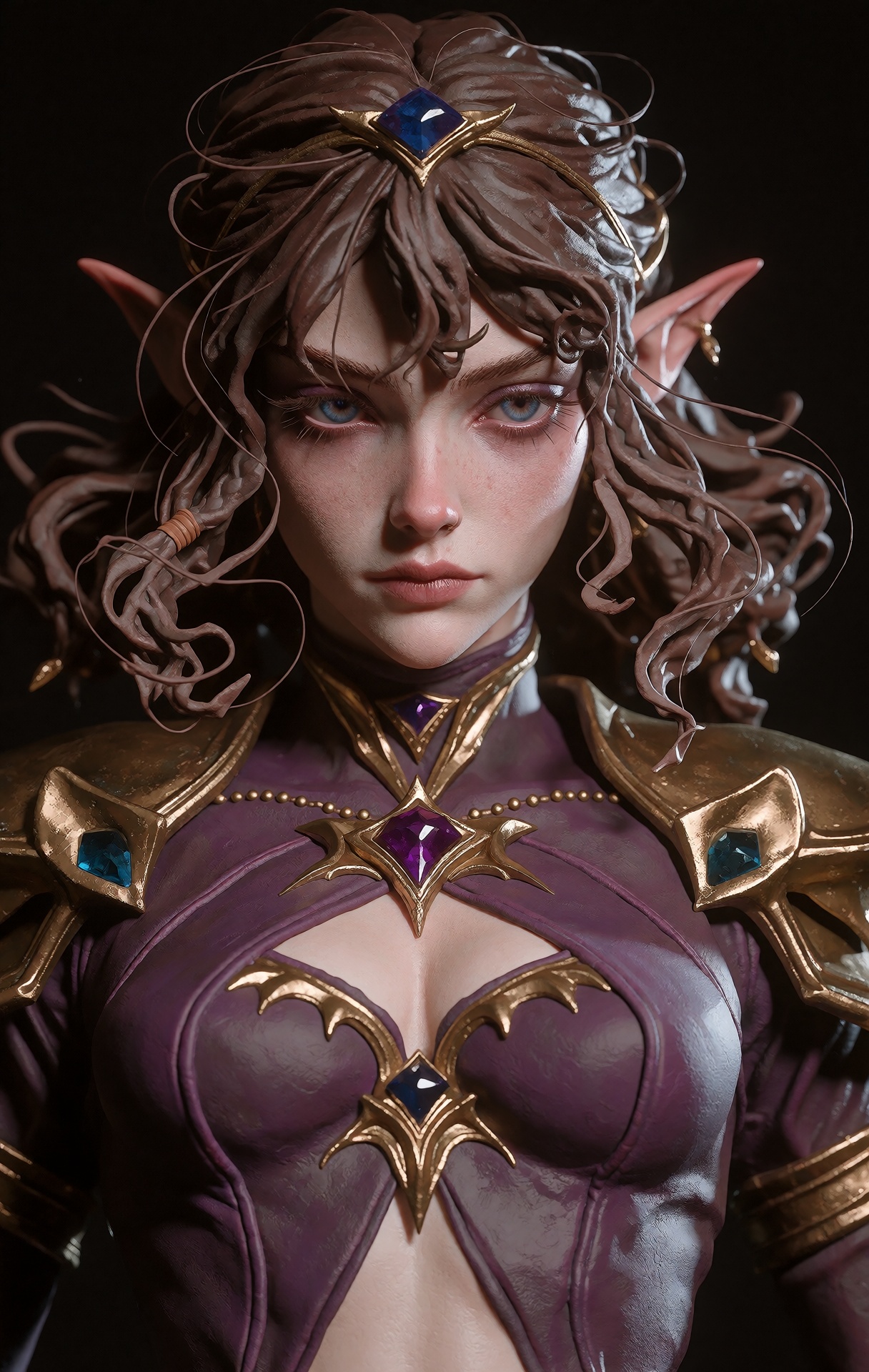 @zbrush,  The image showcases a detailed 3D model of a character with distinct fantasy features,  likely inspired by video...