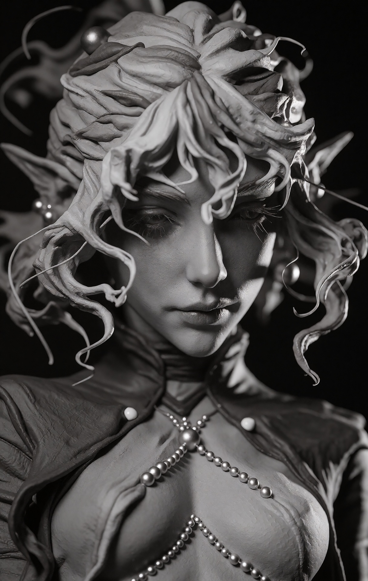 @zbrush,  The image is a grayscale (black-and-white) digital artwork depicting a female figure with elaborate,  flowing ha...