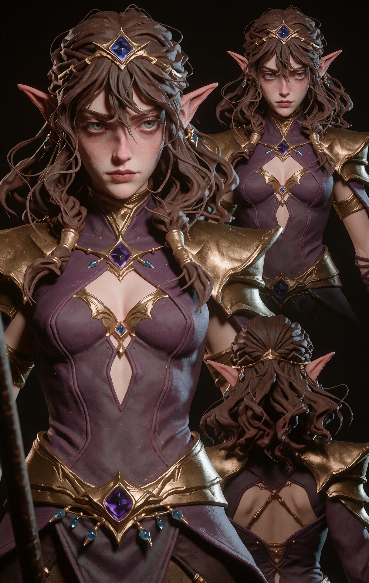@zbrush,  The image showcases a detailed 3D model of a character with distinct fantasy features,  likely inspired by video...