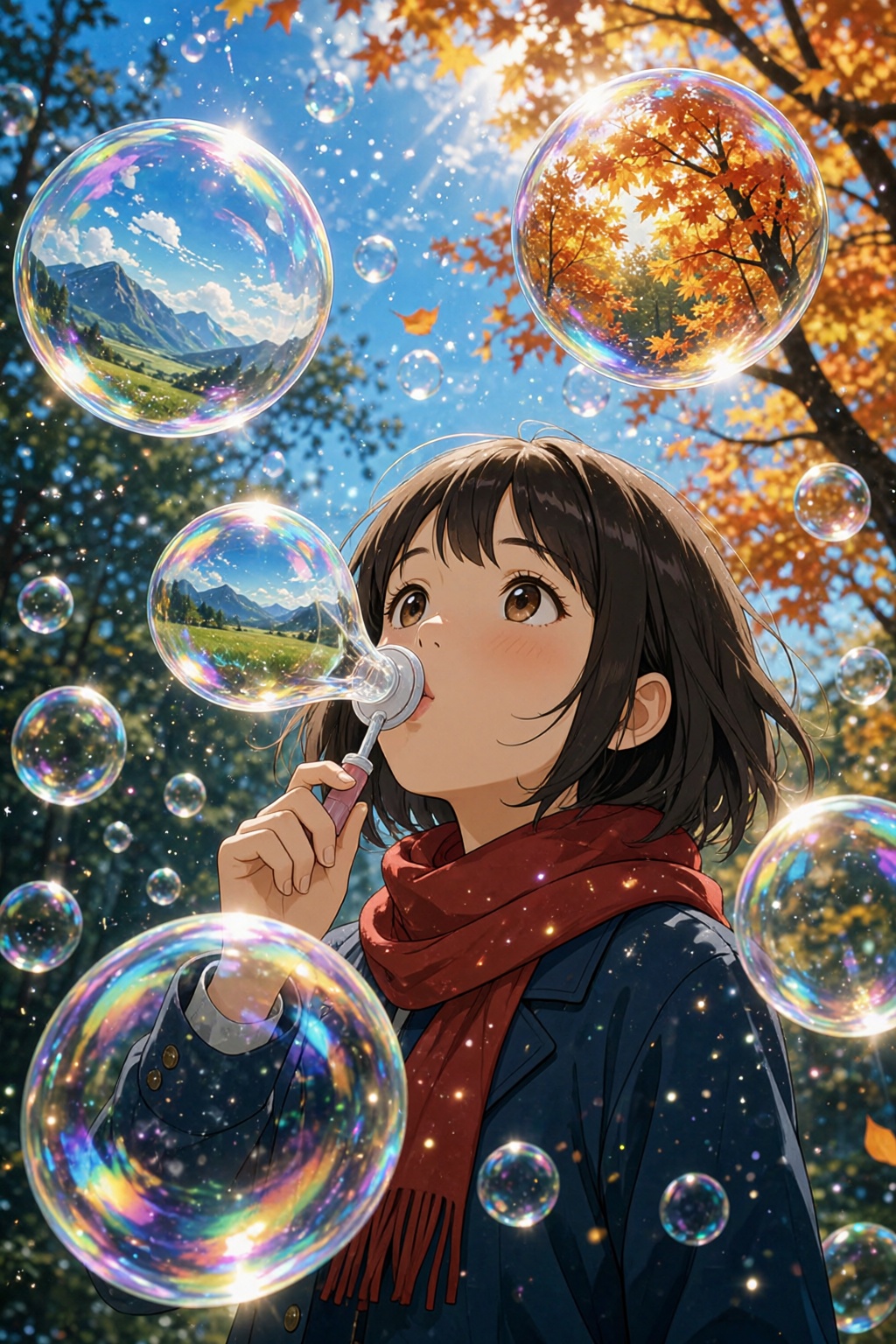 { "high_level_description": "A vibrant and dreamy digital anime illustration depicting a young girl blowing magical,  tran...