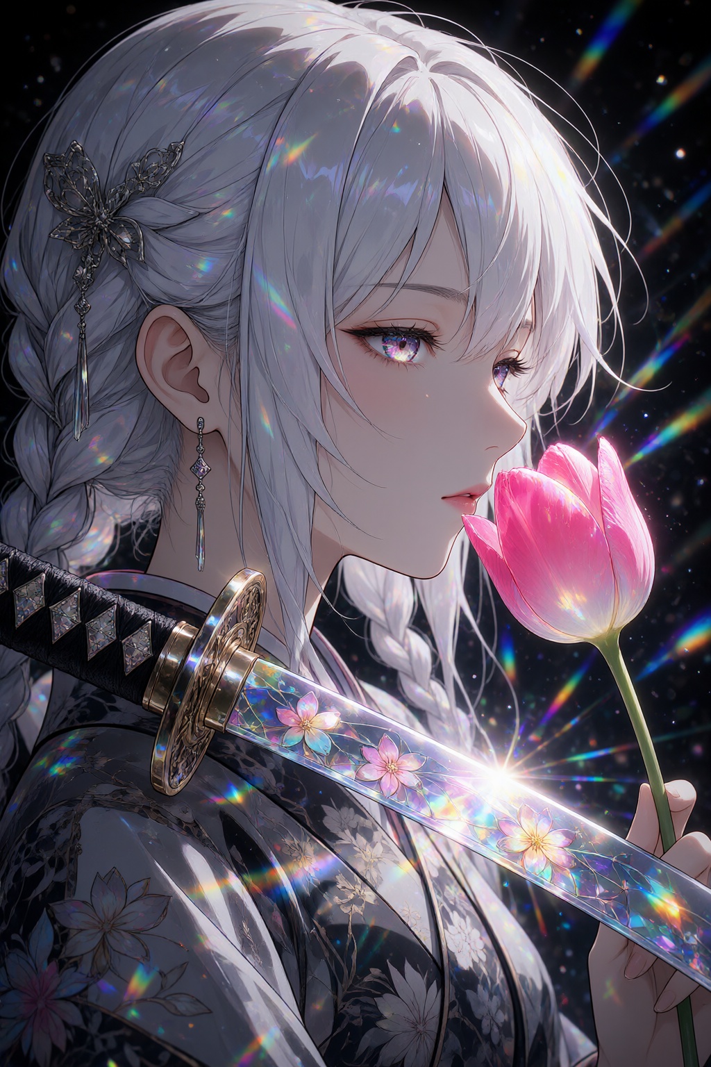 { "high_level_description": "A striking and ethereal digital anime illustration featuring a side-profile view of a young w...
