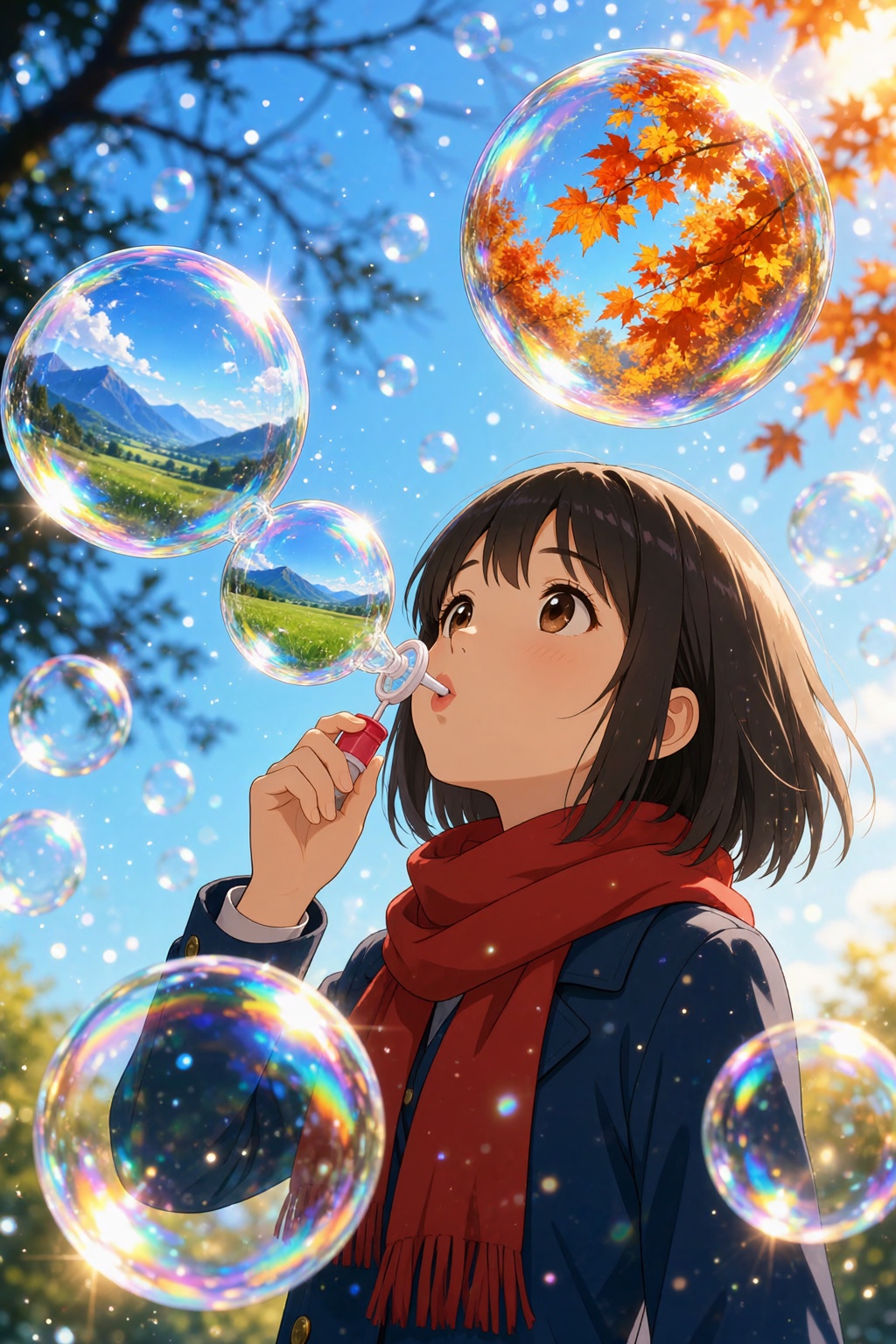 { "high_level_description": "A vibrant and dreamy digital anime illustration depicting a young girl blowing magical,  tran...