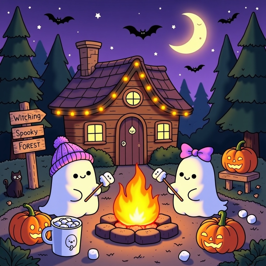 1Kawaii_scene,  A whimsical and cozy Halloween night scene featuring three adorable,  small white ghosts with friendly bla...