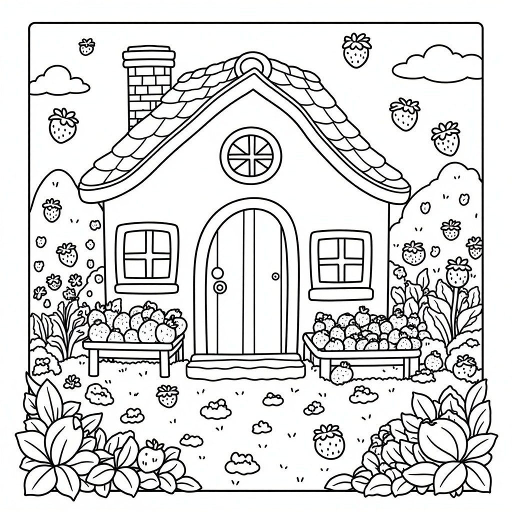 1Kawaii_scene featuring bold and easy whimsical illustration of a garden and strawberry house coloring page style on Tenso...