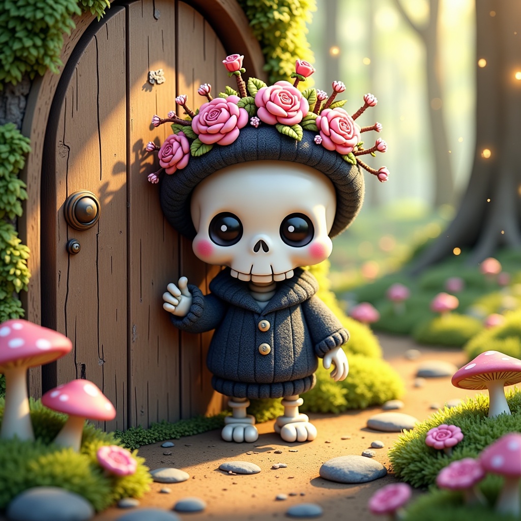 1Kawaii_scene,  A tiny,  adorable chibi-style skeleton (Pip: a tiny friendly skeleton with a rounded oversized skull on Te...
