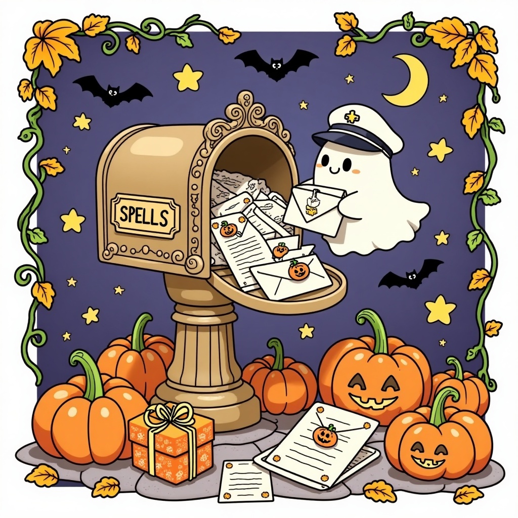 1Kawaii_scene,  of a magical Halloween scene,  centered on an antique-style ornate mailbox overflowing with enchanted lett...