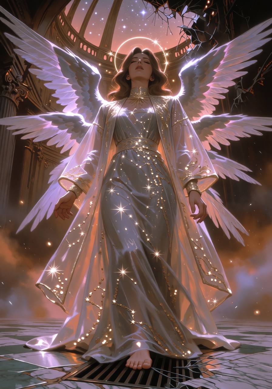 A high-detail portrait of an ***** twilight seraph woman standing on the marble floor of an abandoned basilica at dusk,  w...