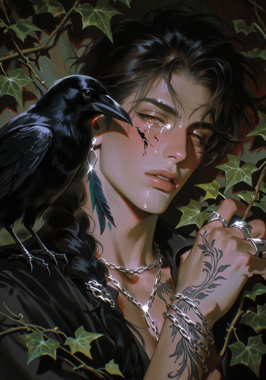 Close-up ethereal portrait of a ***** man with porcelain skin and tousled dark hair braided loosely,  reclining within sha...