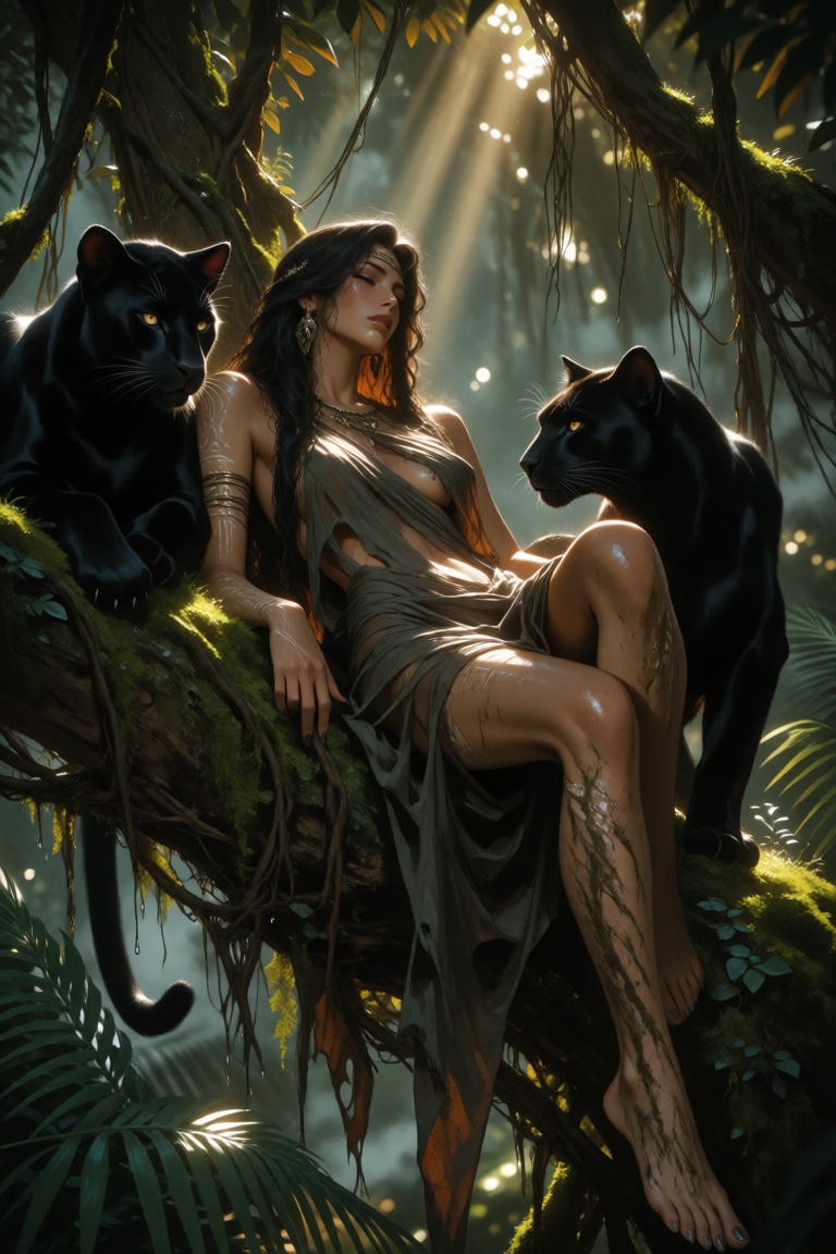 A mythic jungle tableau: a lithe,  bronze-skinned woman reclines on a massive moss-covered banyan branch,  draped in tatte...