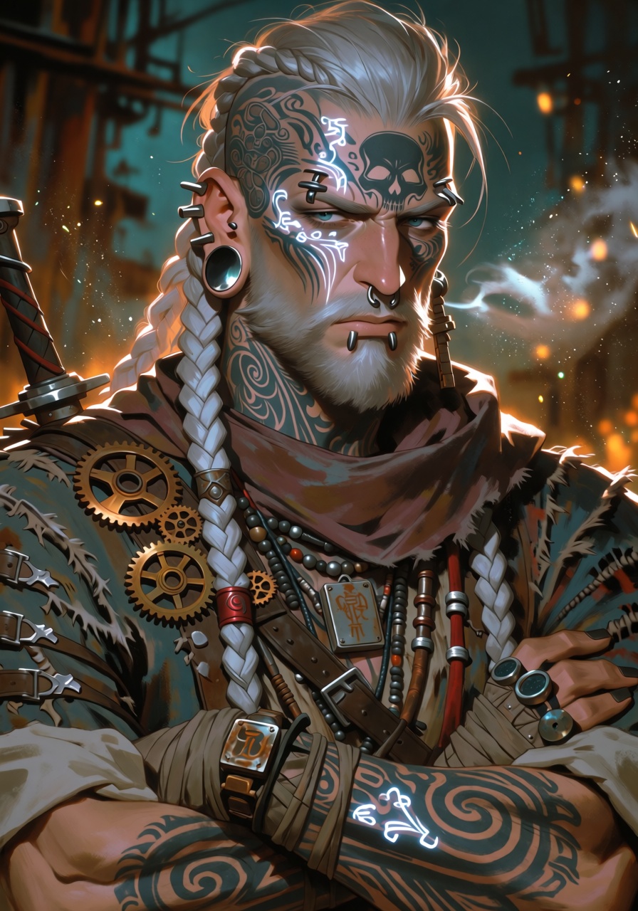 A portrait of a weathered outlaw: a stoic,  tattooed man with shaved sides and braided white hair,  skull motif and flowin...