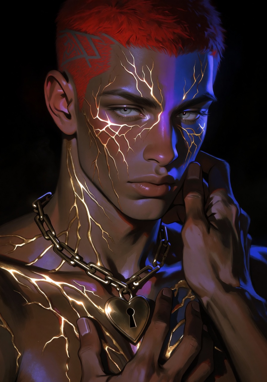 A close-up portrait of a young man against absolute darkness. Thick veins of metallic gold thread through his dark brown s...