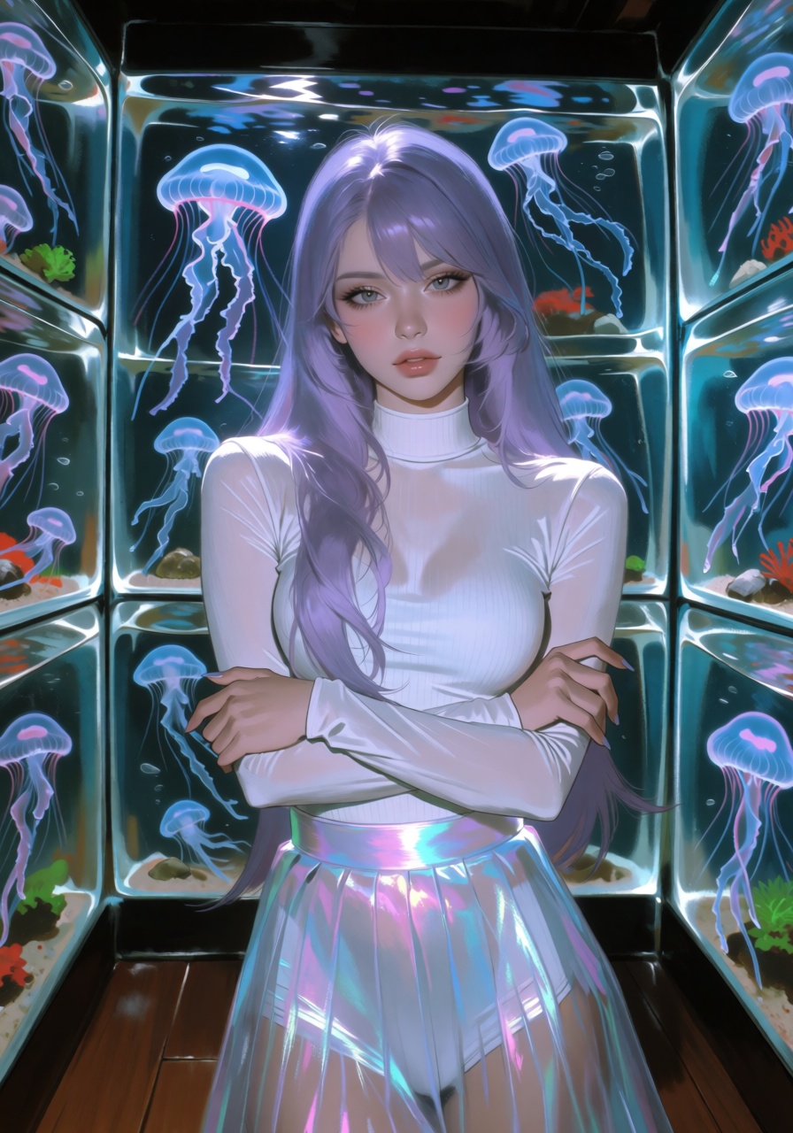 A young woman with long lavender hair and gray eyes stands in the center of a room where the walls are made entirely of cl...