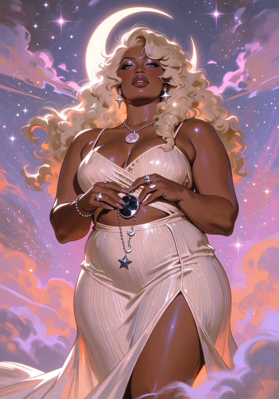 Create a dreamy,  abstract digital illustration of a confident plus-size woman as a celestial goddess: deep lavender to ma...